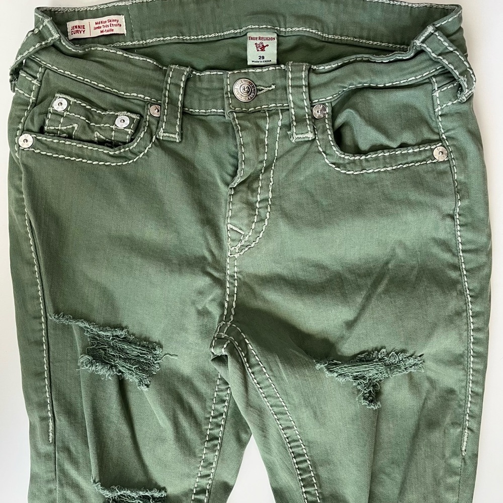 True Religion Olive Distressed High Rise Jeans
